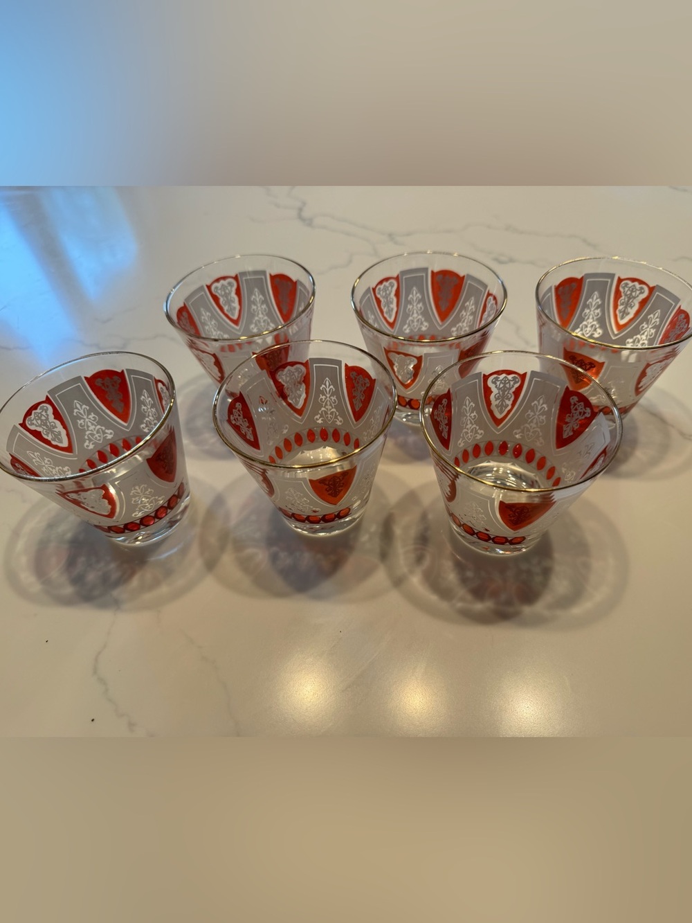 Vintage Mid-century Modern Red & Gold Lowball  Glass Tumbler Set - 6 Piece